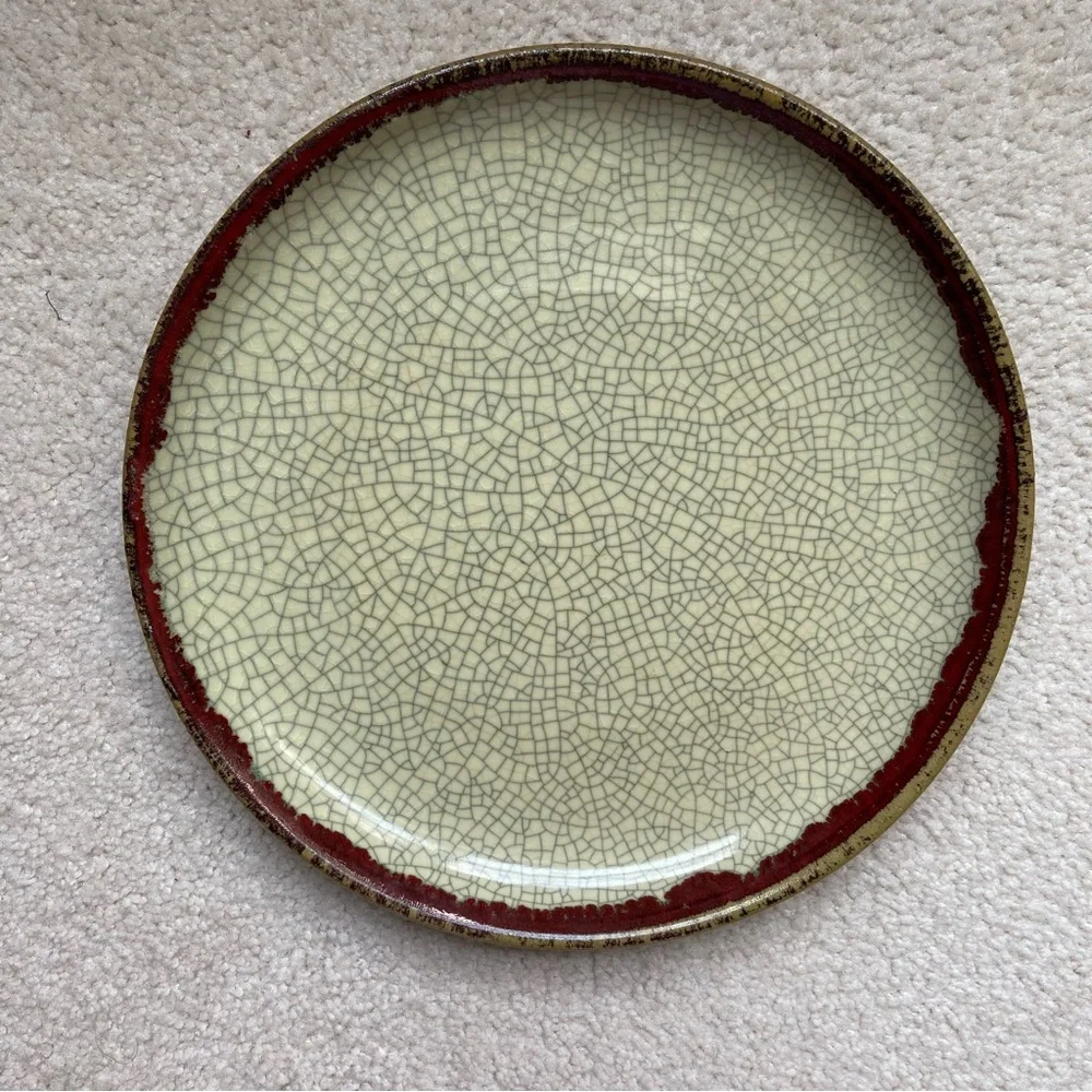 Vintage Pier 1 Rustic Crackle Glaze Ceramic Plate Red Rim Artisan Pottery Decor